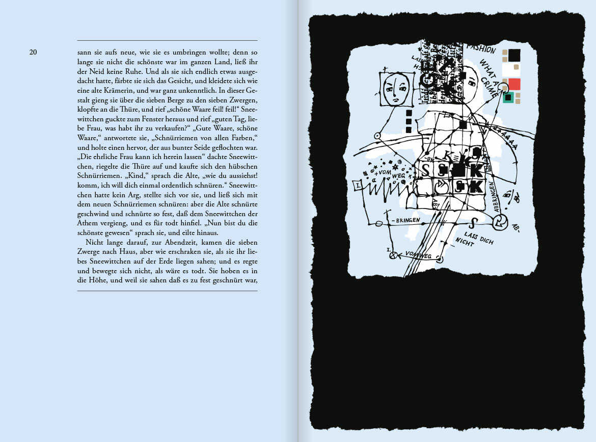 Sneewittchen, Seite 20-21, illustratives Buchprojekt mit Essay, drei Transparenzseiten eingebunden