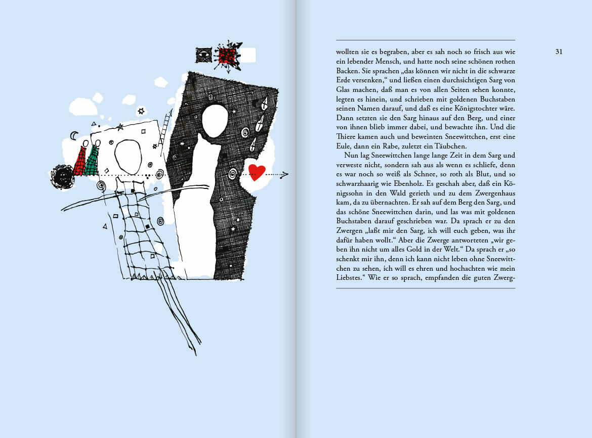 Sneewittchen, Seite 30-31, illustratives Buchprojekt mit Essay